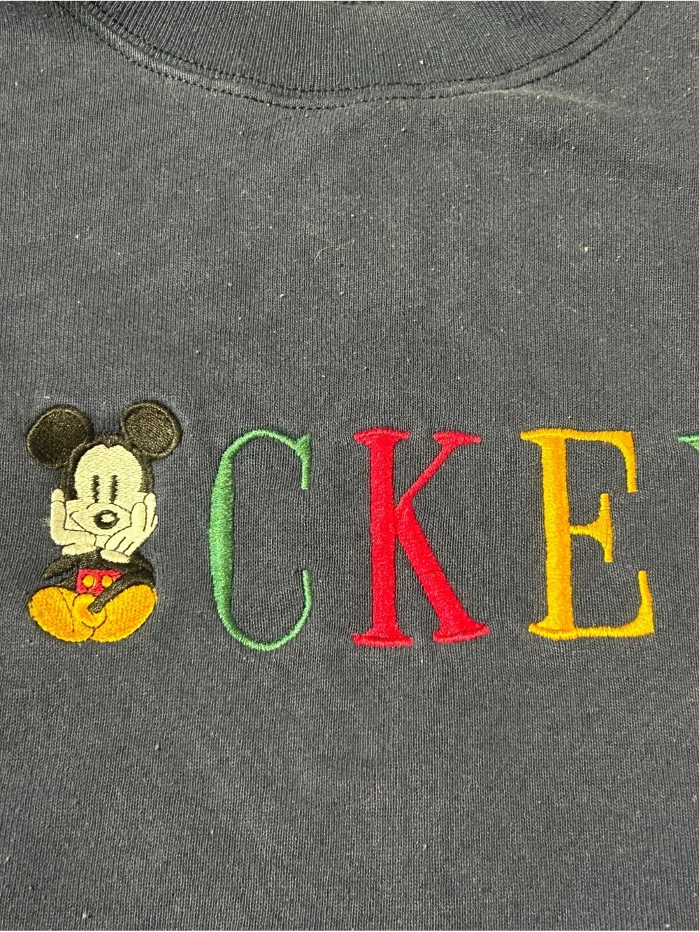 Vtg Navy Embroidered Mickey Mouse Crewneck Sweater with Colorful Lettering